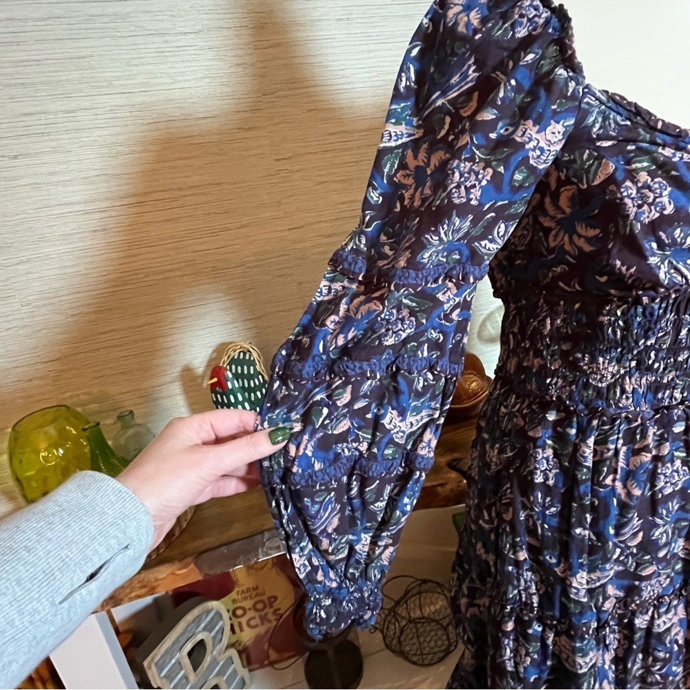 Sea New York Noah Floral Bird Print Smocked Long Sleeve Midi Dress Sz 4 Cotton - Picture 5 of 9